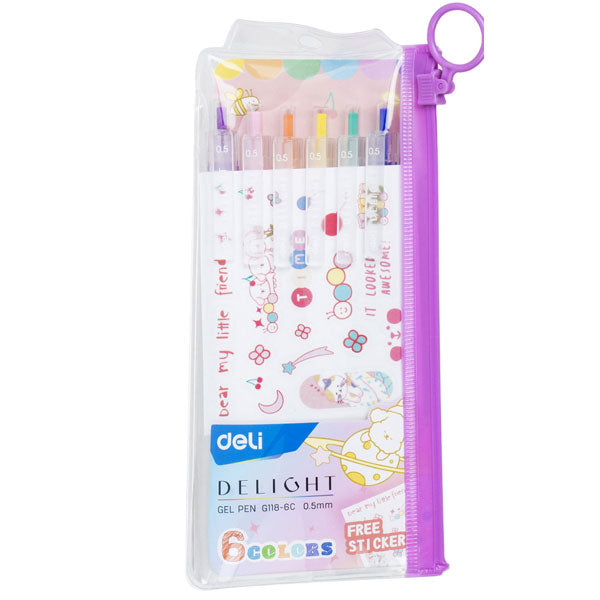 Set 6 pixuri cu gel cu mecanism Deli Delight 0.5 mm în culori diverse pentru școală și birou