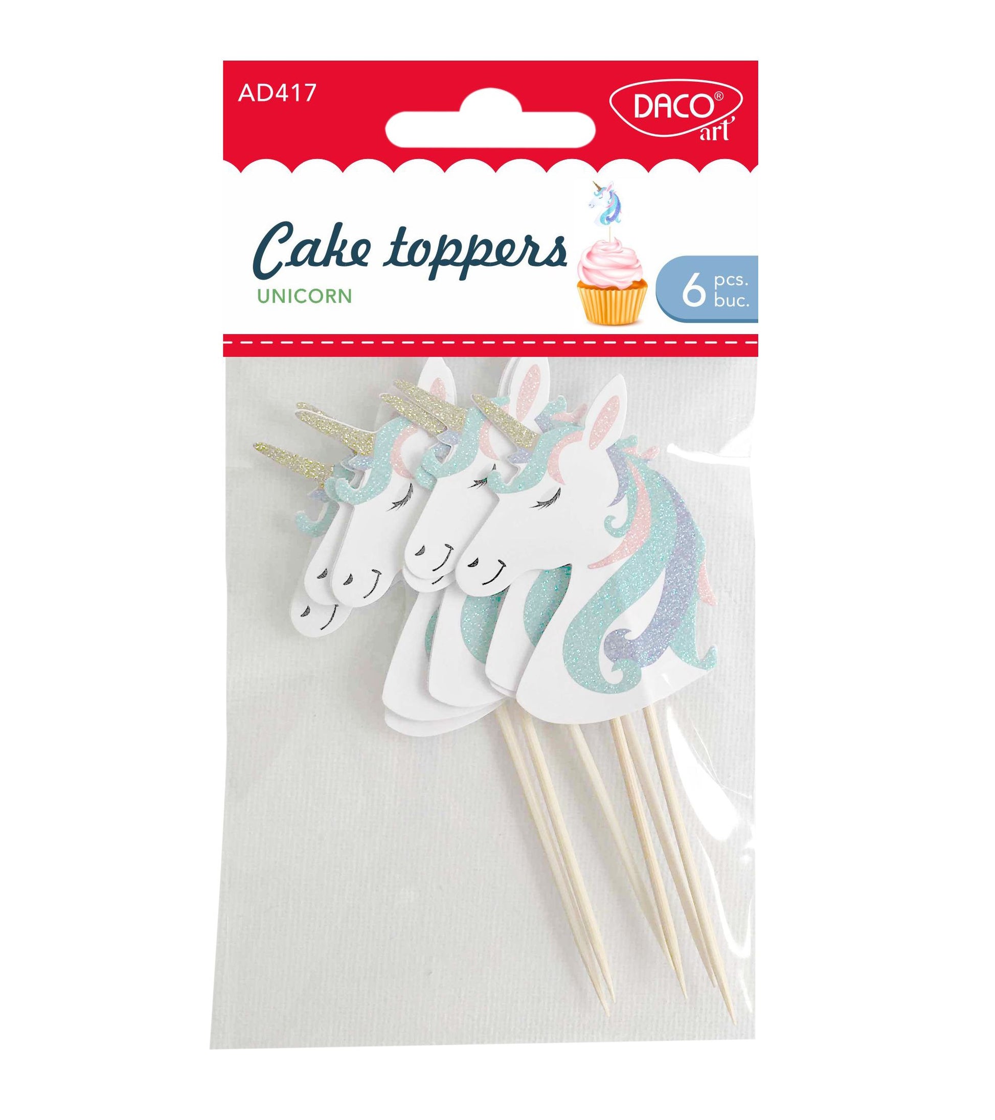 Set de 6 cake toppers cu unicorni colorați Dacoart, fixați pe tije de lemn, ideali pentru decorarea torturilor și petrecerilor pentru copii