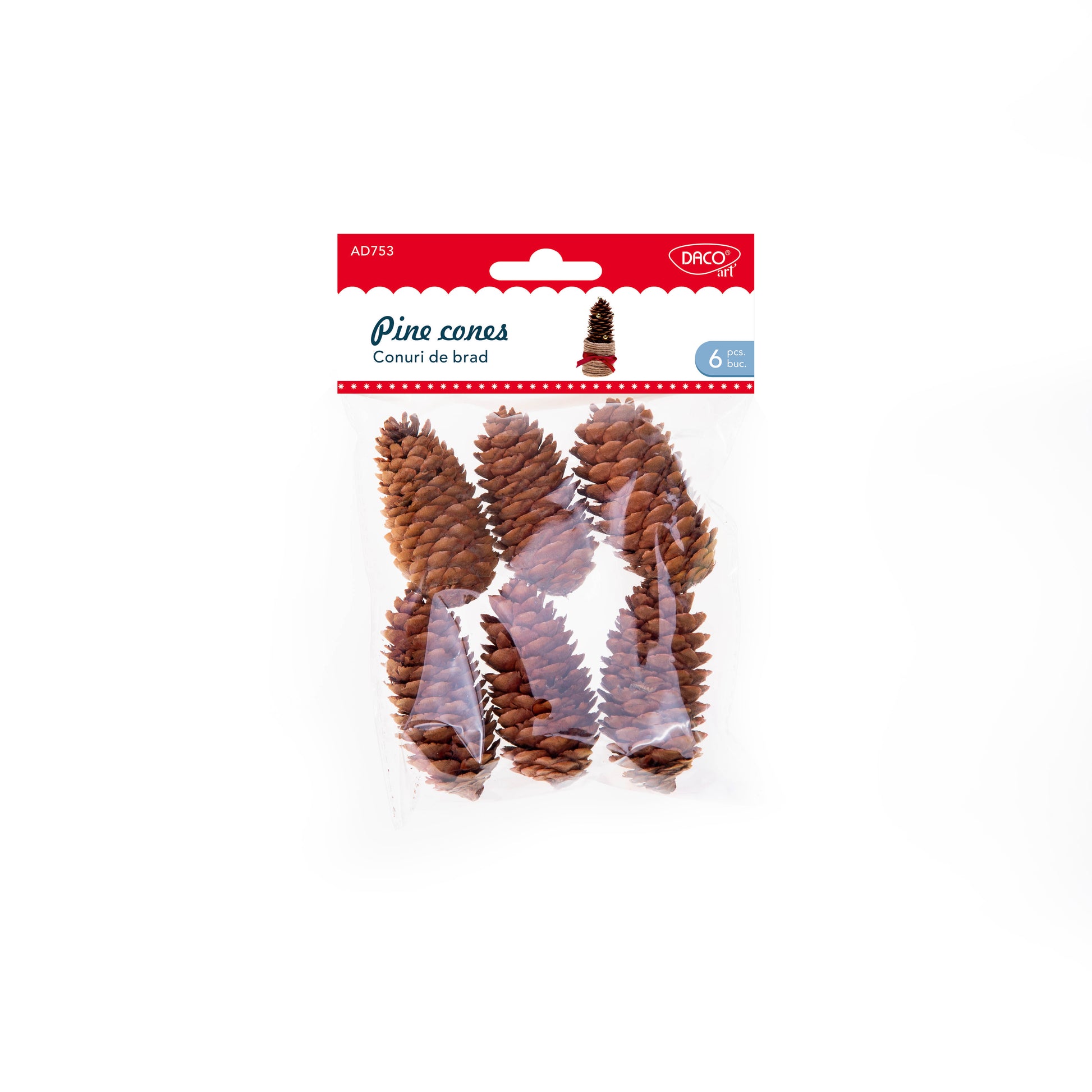 Set de 6 conuri decorative din lemn Daco (3x6 cm), ideale pentru aranjamente rustice de Crăciun, decoruri de masă și proiecte de craft creative.