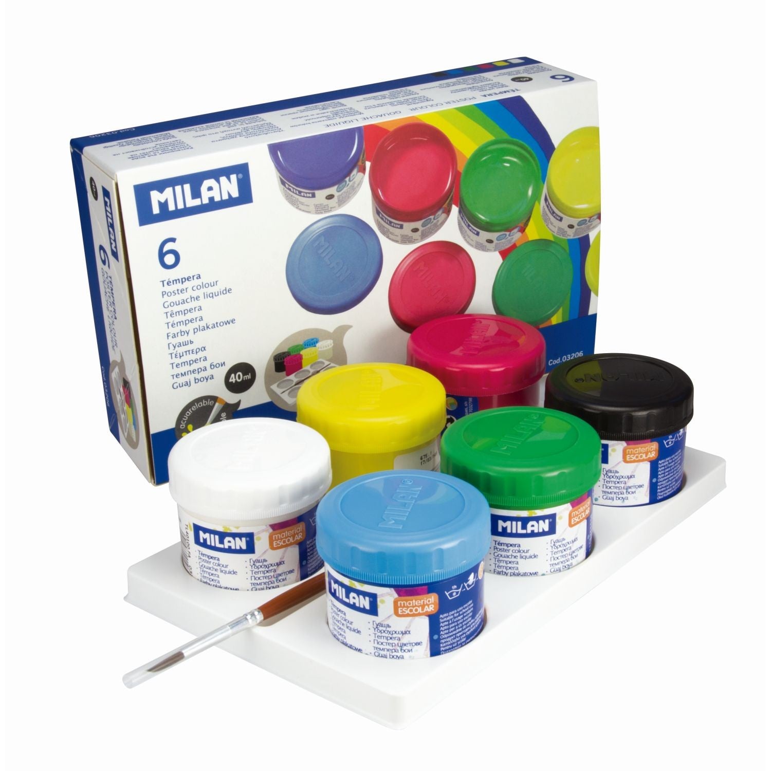 Set MILAN Tempera Poster Colour cu 6 culori de 40 ml și pensulă seria 101 pentru activități artistice școlare