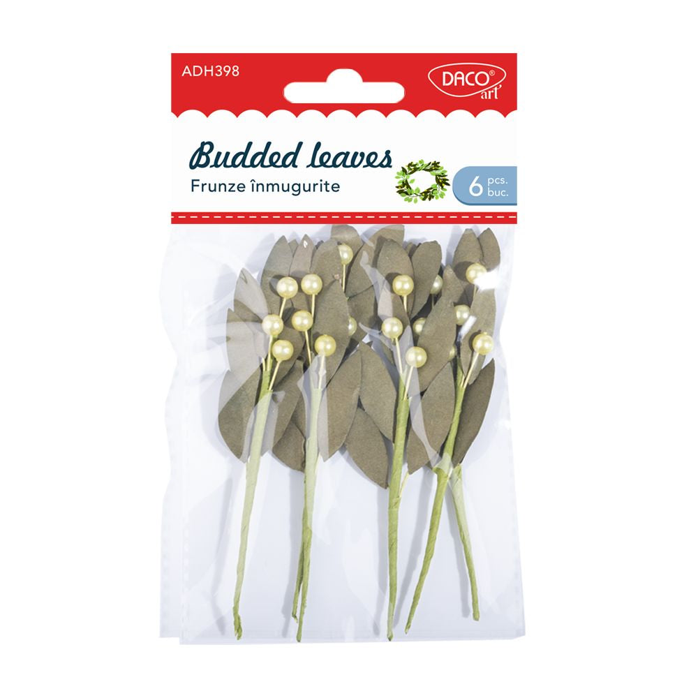 Set de 6 frunze decorative „înmugurite” Dacoart, aspect autentic din hârtie și sârmă, 11x5 cm, ideale pentru aranjamente florale și proiecte handmade