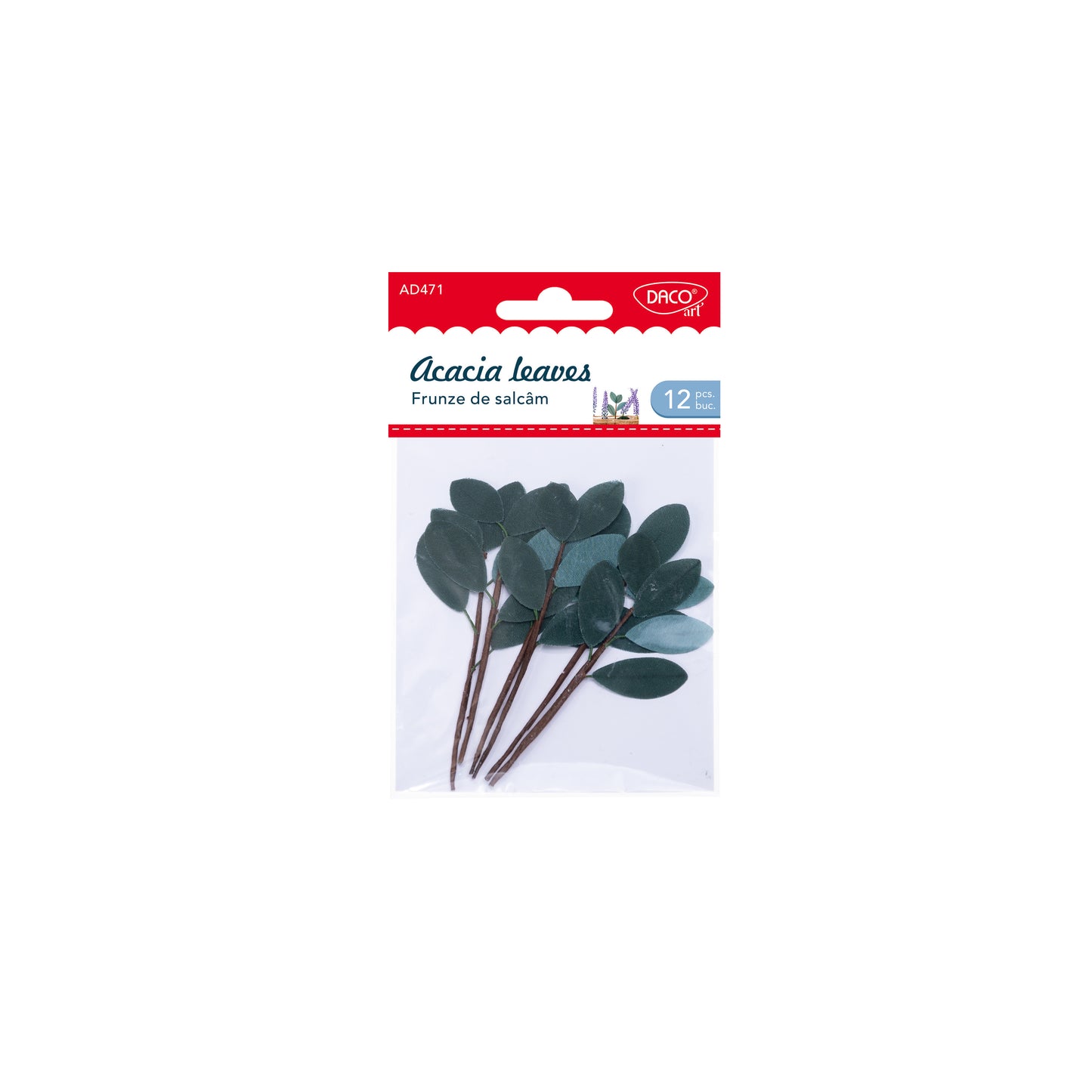 Set de 6 frunze de salcâm decorative Dacoart, 9 cm, aspect realist, ideale pentru aranjamente florale, felicitări handmade și proiecte creative DIY.