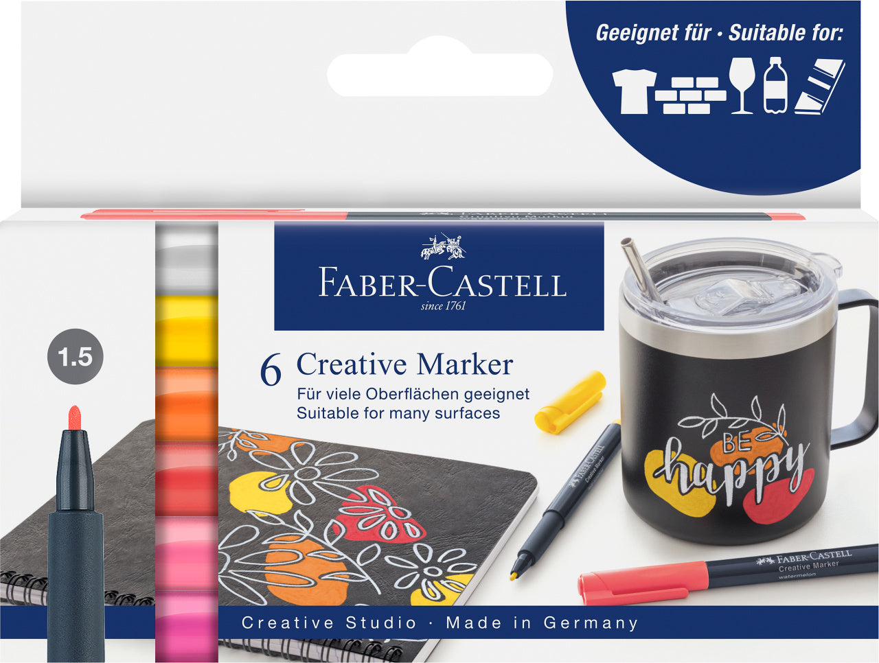 Set 6 markere creative Faber-Castell editia Summer culori vibrante pentru sticla piatra metal si hartie