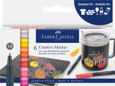 Set 6 markere creative Faber-Castell editia Summer culori vibrante pentru sticla piatra metal si hartie