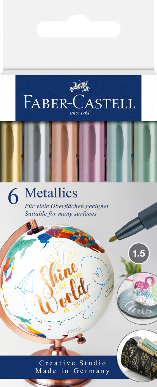 Set 6 markere metalizate Faber-Castell 1.5 mm pentru hartie neagra sticla ceramica plastic si metal