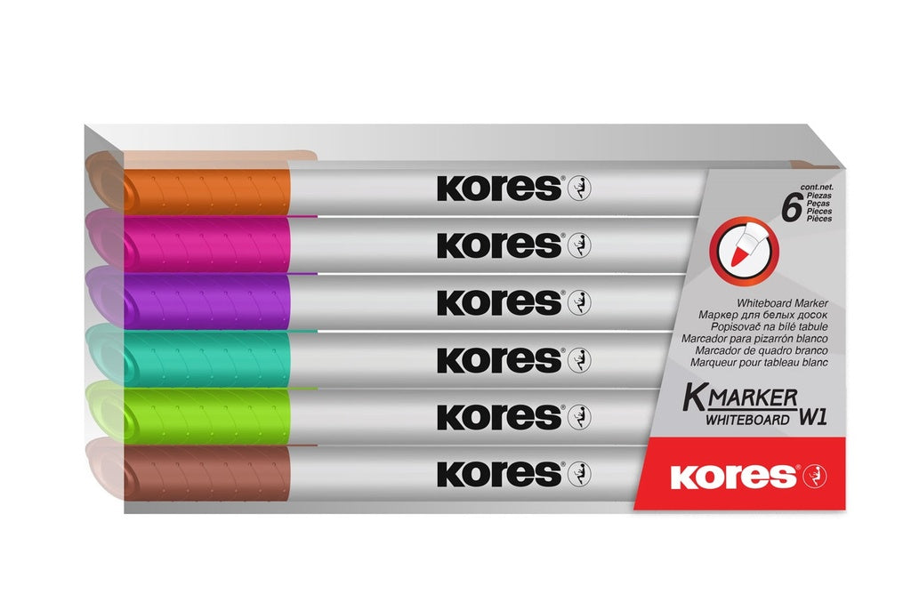 Set 6 markere whiteboard Kores Slim culori intense stergere usoara fara urme non-toxic format ergonomic