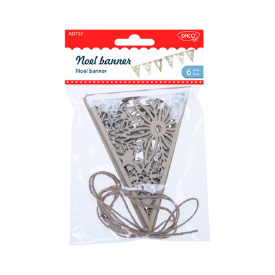 Set de 6 ornamente din lemn „Banner Noel” Daco (12 cm) cu sfoară natur, ideale pentru ghirlande de Crăciun, decorarea bradului și petreceri festive