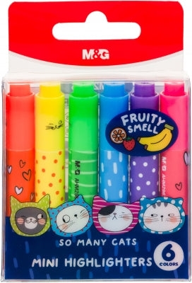 Set de 6 textmarkere mini M&G So many cats cu arome de fructe și culori neon, ideale pentru școală și birou