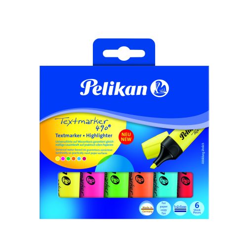 Set 6 textmarkere Pelikan culori neon galben roz verde portocaliu rosu albastru varf oblic 1-5mm pentru hartie