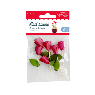Set de 6 trandafiri roșii din hârtie pe tijă de lemn Dacoart, 7.5 cm, ideali pentru decorarea felicitărilor, aranjamente florale și proiecte handmade