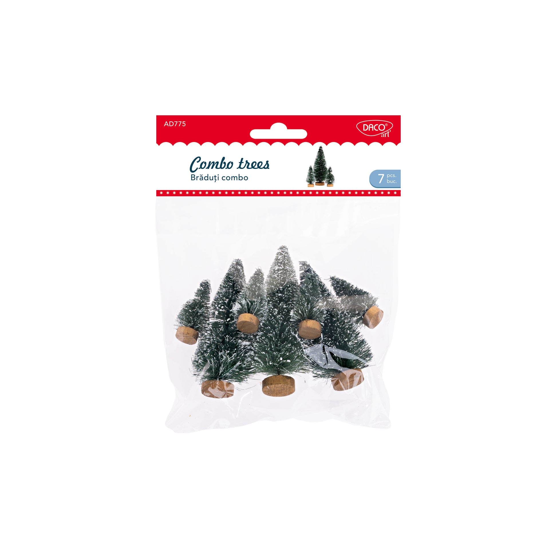 Set de 7 brăduți decorativi combo Daco (4.5 cm și 9 cm), realizați din lemn, sârmă și plastic, ideali pentru diorame de Crăciun, decoruri de masă și proiecte handmade