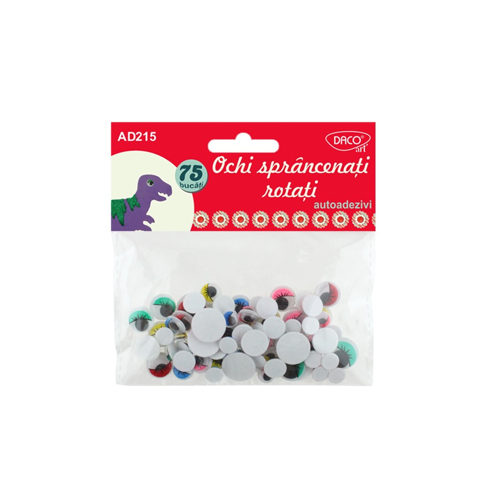 Set de 75 ochi autoadezivi cu sprâncene și pupile mobile Dacoart, ideali pentru personalizarea jucăriilor și figurinelor handmade cu expresii amuzante.