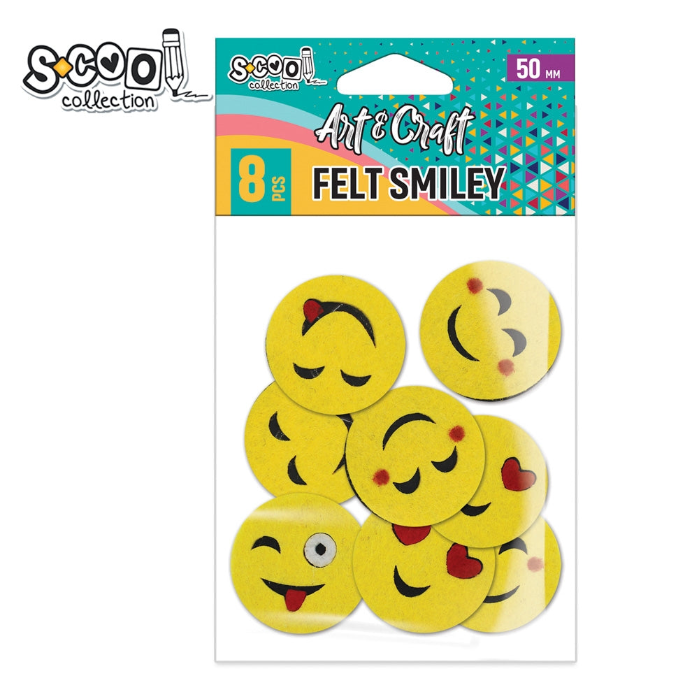 Set de 8 emoticoane decorative din fetru S-COOL (50 mm), modele diverse smiley face, ideale pentru proiecte handmade, cusut, lipit și activități creative în școli și grădinițe