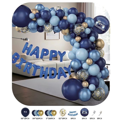 Set complet de 83 de piese pentru arcadă de baloane de la ROBEN TOYS, în nuanțe de albastru închis, bleu, sidef și auriu, include baloane din folie Happy Birthday și accesorii de montaj