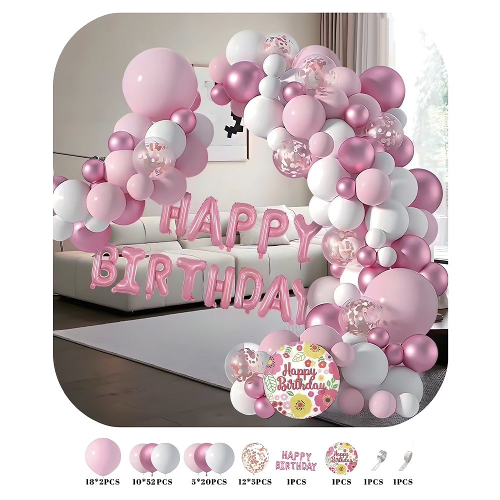 Set decorativ de 83 de piese pentru arcadă de baloane de la ROBEN TOYS, în nuanțe feminine de roz pal, roz sidefat, alb și ghirlandă Happy Birthday din folie de aluminiu