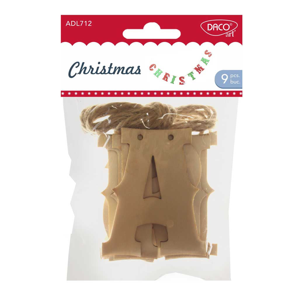 Set de 9 litere decorative din lemn Daco (8 cm) pentru a forma cuvântul „Christmas”, ideale pentru ghirlande de Crăciun, decoruri festive și proiecte handmade