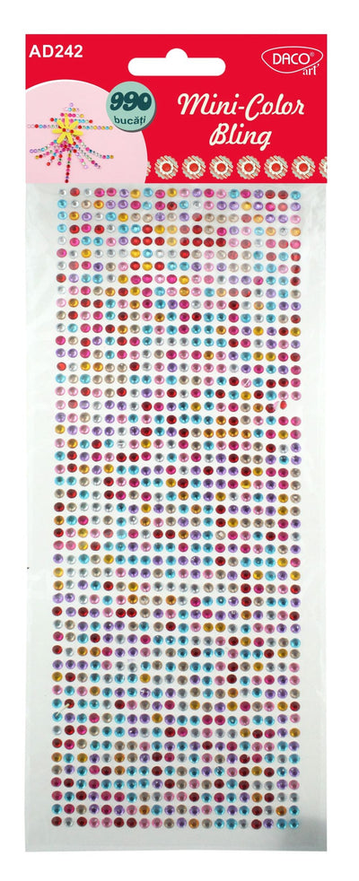 Set de 990 de mini-strasuri autoadezive colorate DACOart (4 mm), ideale pentru decorarea felicitărilor, scrapbooking, invitațiilor și a obiectelor creative handmade