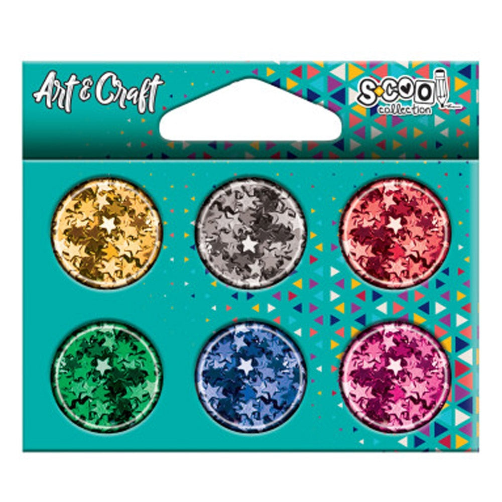 Set creativ de la S-COOL conținând 6 recipiente individuale cu confetti steluțe în culori metalizate (auriu, argintiu, roz, roșu, verde, albastru) din plastic, pentru activități craft și decor petreceri