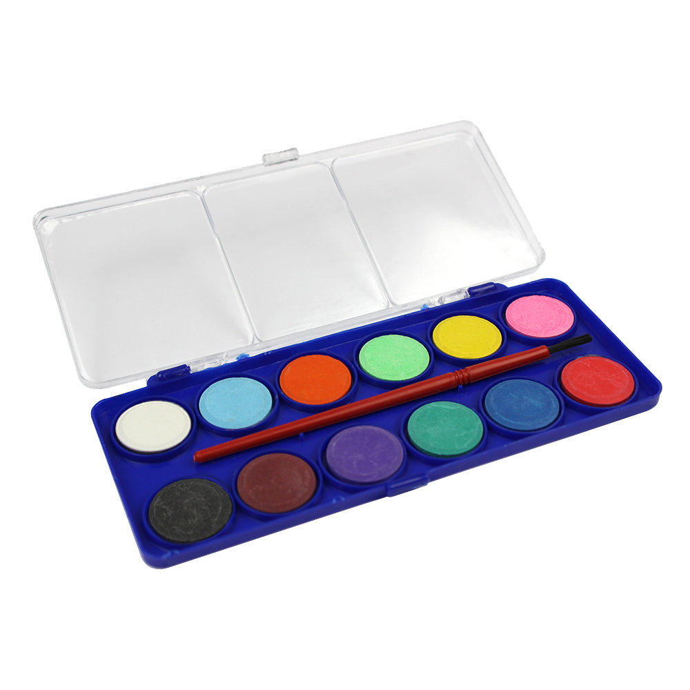 Set acuarele 12 culori cu pensula si cutie plastic cu diviziuni pentru amestecat culori ideal pentru copii si elevi