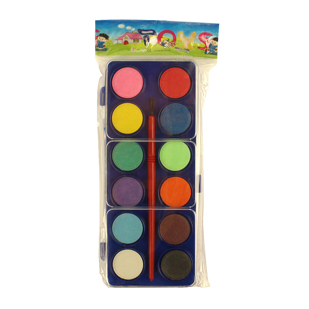Set acuarele 12 culori cu pensula si cutie plastic cu diviziuni pentru amestecat culori ideal pentru copii si elevi