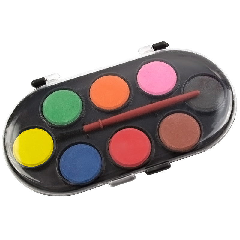 Set compact de 8 culori acuarela Evoffice cu pensula inclusa in cutie ovala din plastic pentru gradinita si scoala