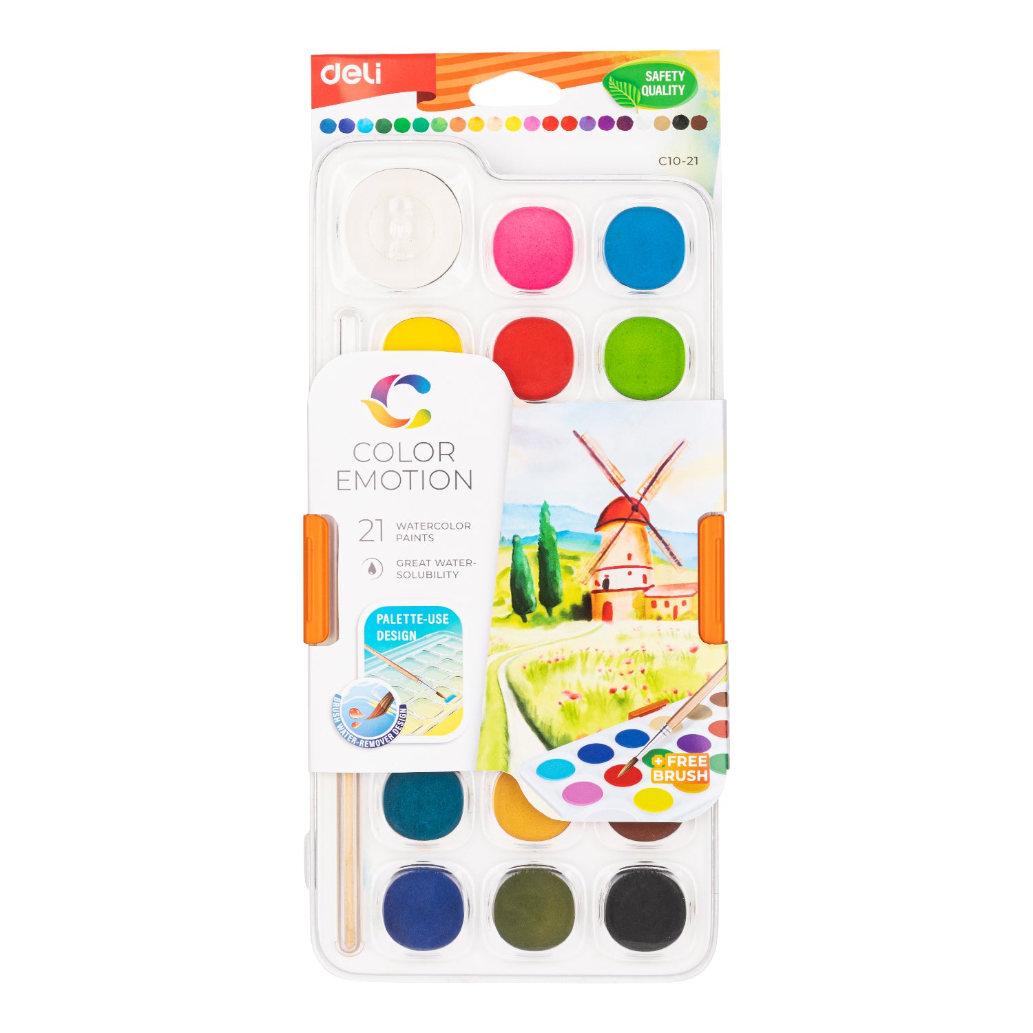 Set extins 21 acuarele Deli cu pensula pastila alba mare 40mm pentru activitati creative scoala si acasa