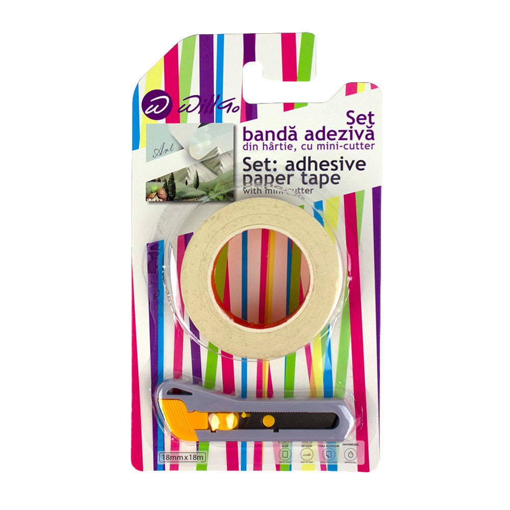 Set bandă adezivă de hârtie Willgo 18 mm x 18 m cu mini-cutter inclus, ideală pentru pictură, mascare, croitorie și amenajări interioare.