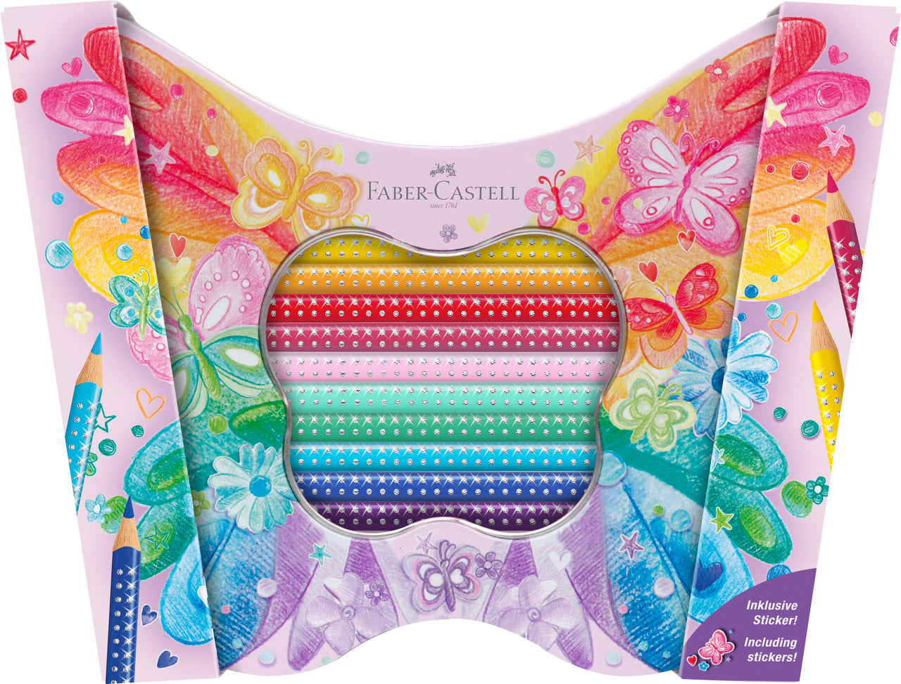 Set cadou 20 creioane colorate Faber-Castell Sparkle Butterfly în cutie metalică în formă de fluture cu stickere incluse.