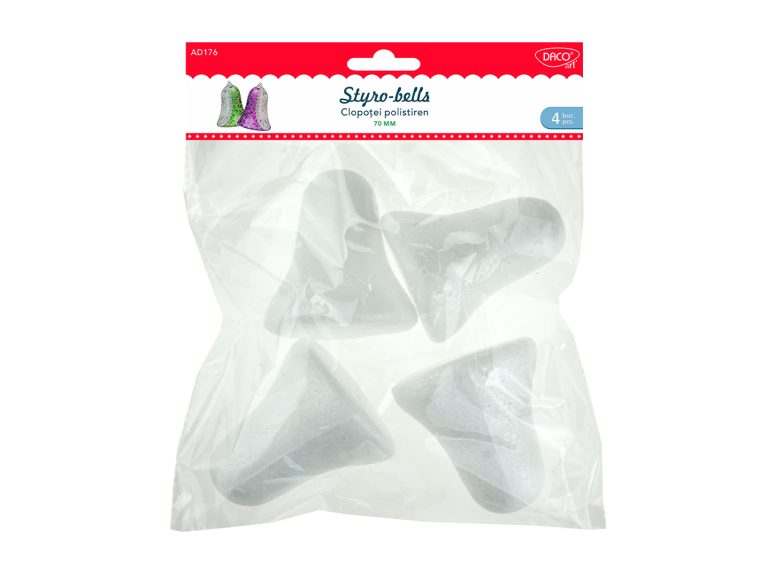 Set de 4 clopoței din polistiren Dacoart de 7 cm, ideali pentru decorarea bradului și realizarea de ornamente handmade de Crăciun