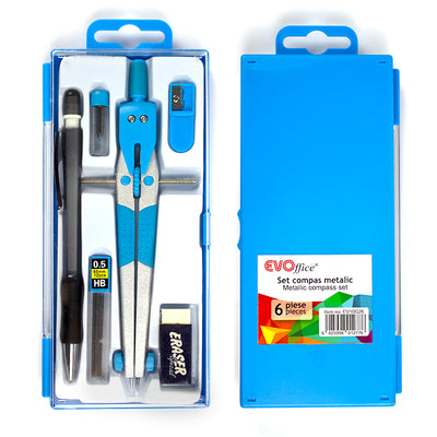 Trusă de geometrie marca EVOffice compusă din 6 piese: compas metalic, creion mecanic de 0.5 mm, radieră, ascuțitoare și rezerve de mine, organizate în cutie de plastic