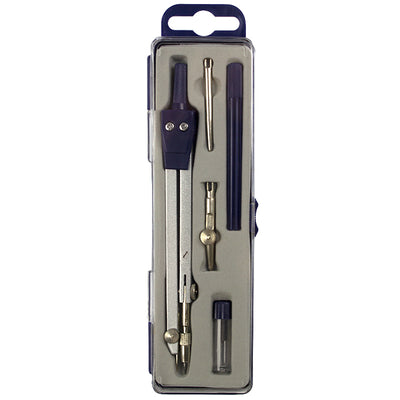 Set de geometrie din metal compus din 5 piese esențiale: compas metalic, trasator tuș, ac metalic, adaptor universal și etui cu mine de schimb.