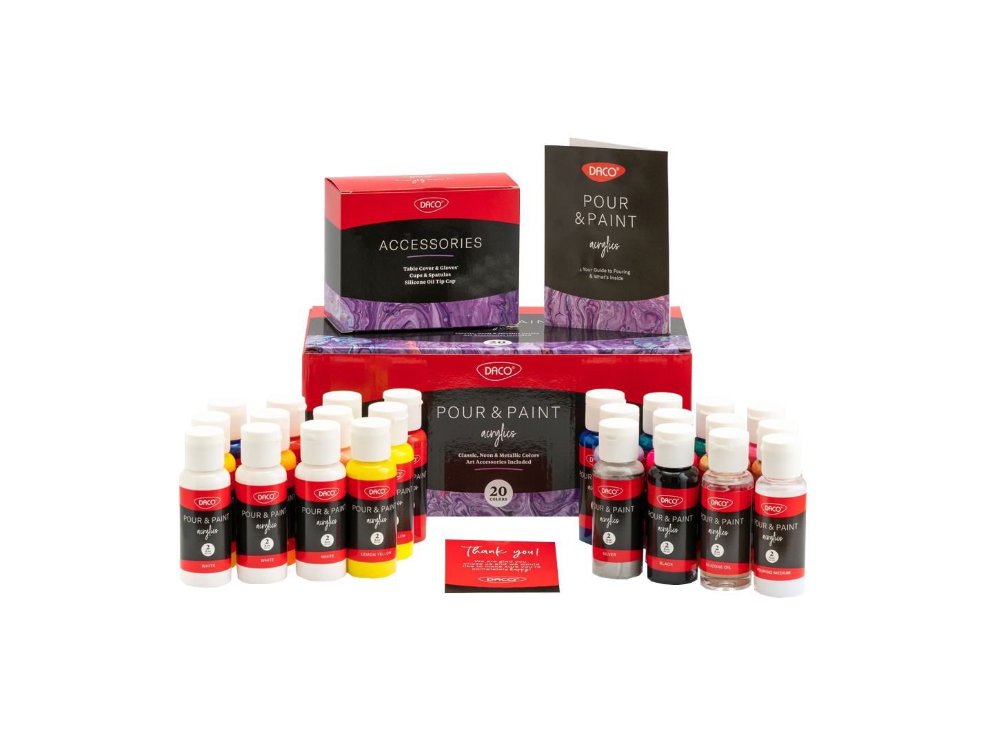 Kit complet pentru tehnica pouring DACO contine 20 culori acrilice mediu pouring ulei siliconic pahare manusi si accesorii pentru arta abstracta
