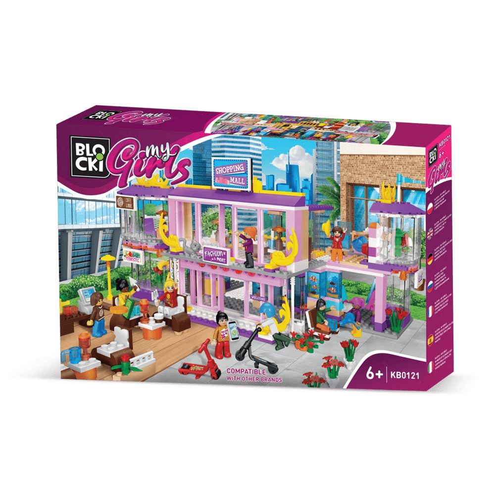 Set de construcție Centrul Comercial Blocki My Girls 713 piese cu magazine, cafenea și mini figurine.