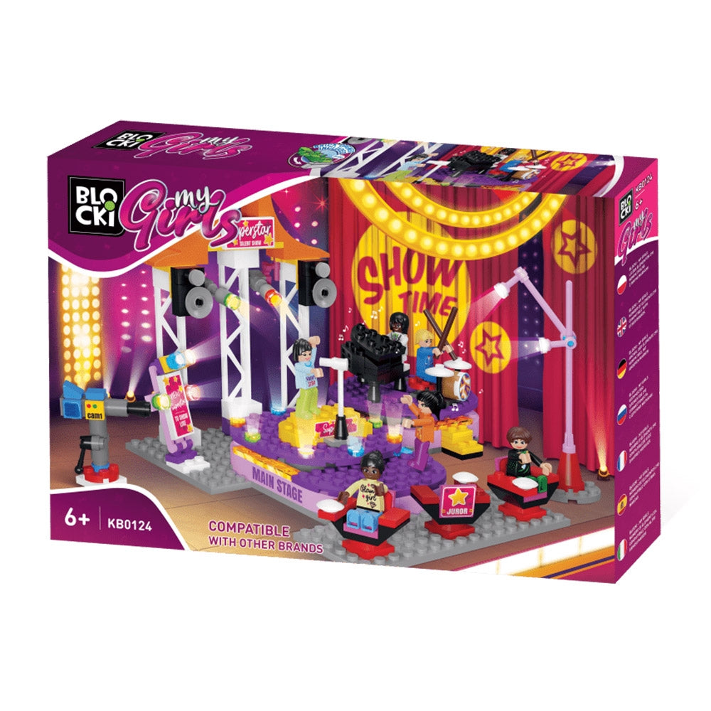 Set de construcție Scena de spectacol Blocki My Girls 290 piese cu scenă rotativă și mini figurine