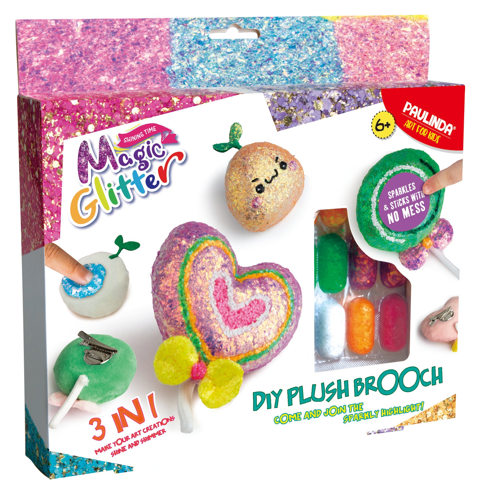 Set creație broșe pufoase cu sclipici Magic Glitter Paulinda cu ornamente strălucitoare și accesorii DIY.