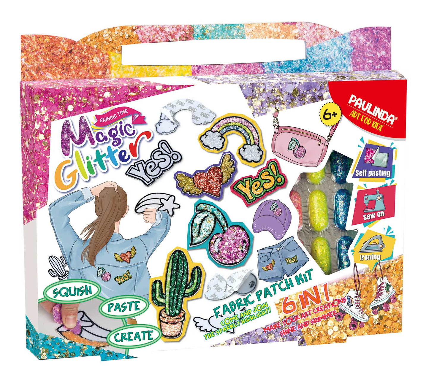 Set creație petice textile cu sclipici Magic Glitter Paulinda pentru personalizarea hainelor și accesoriilor.