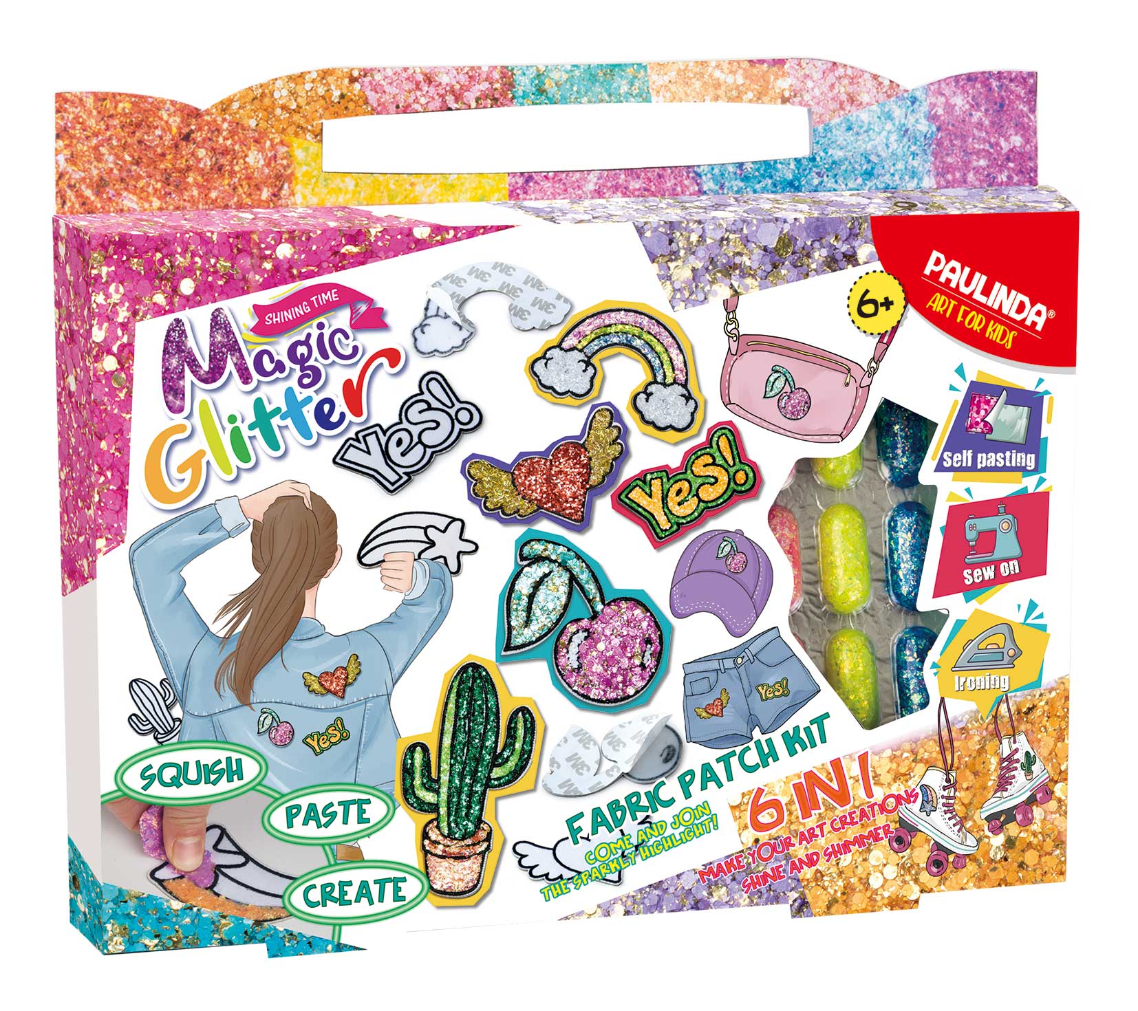 Set creație petice textile cu sclipici Magic Glitter Paulinda pentru personalizarea hainelor și accesoriilor.