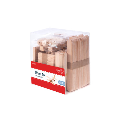 Set creativ Mega Box DACOart SC079 cu 450 de accesorii din lemn natur pentru proiecte craft copii