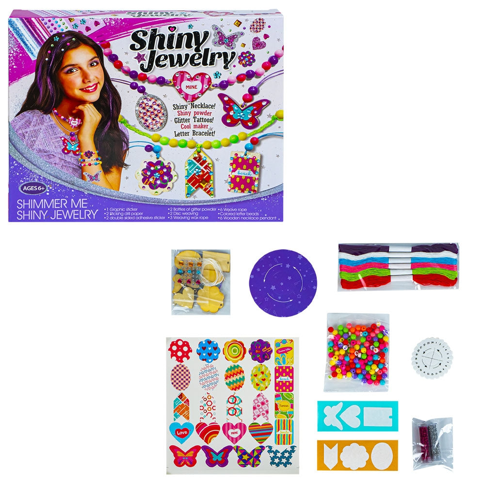 Set creativ pentru bijuterii DIY cu mărgele colorate, medalioane din lemn și sclipici pentru copii