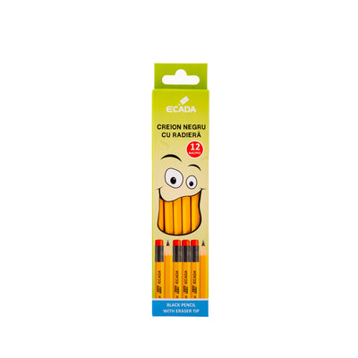 Set 12 creioane grafit HB cu radieră Ecada 45001 pentru scriere și notițe