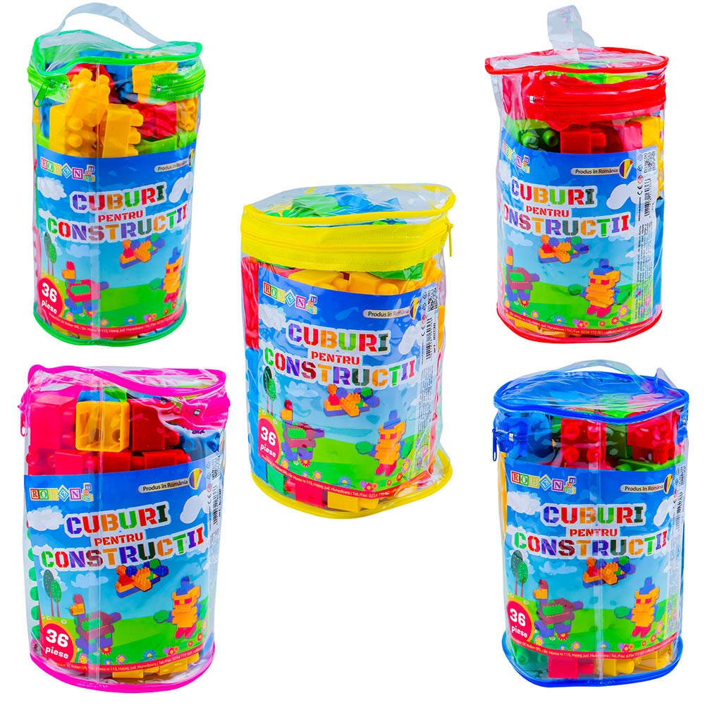 Set cuburi de construcție 36 piese Robentoys în săculeț cilindric pentru copii