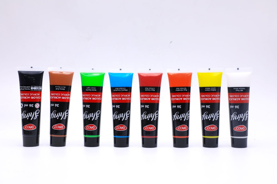 Set culori acrilice DACO 8 nuanțe vibrante la tub de 36ml pentru pictura pe panza lemn si proiecte creative elevi