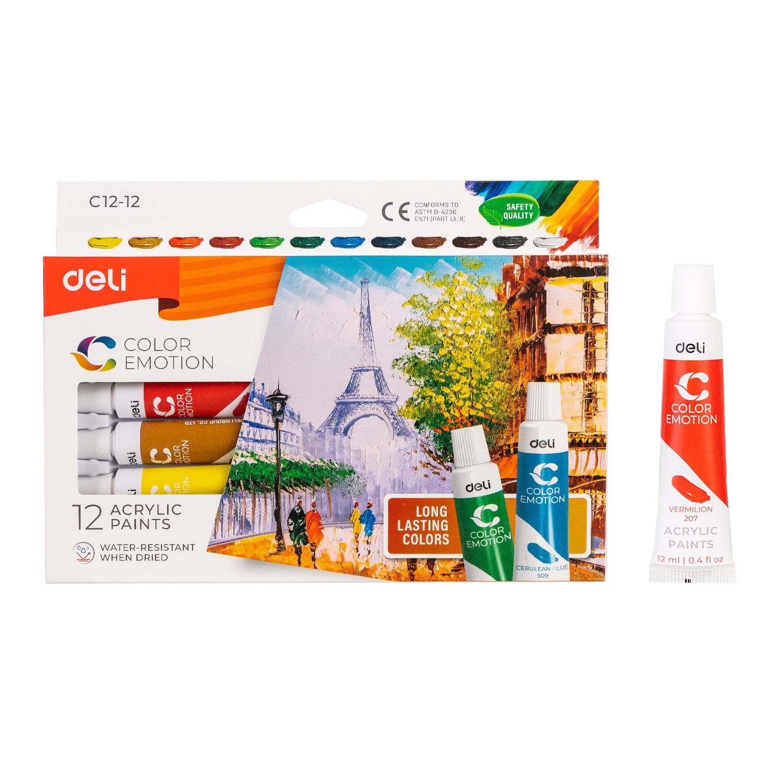 Cutie cu 12 tuburi de culori acrilice Deli de 12 ml culori vibrante pentru pictura pe panza lemn si proiecte scolare