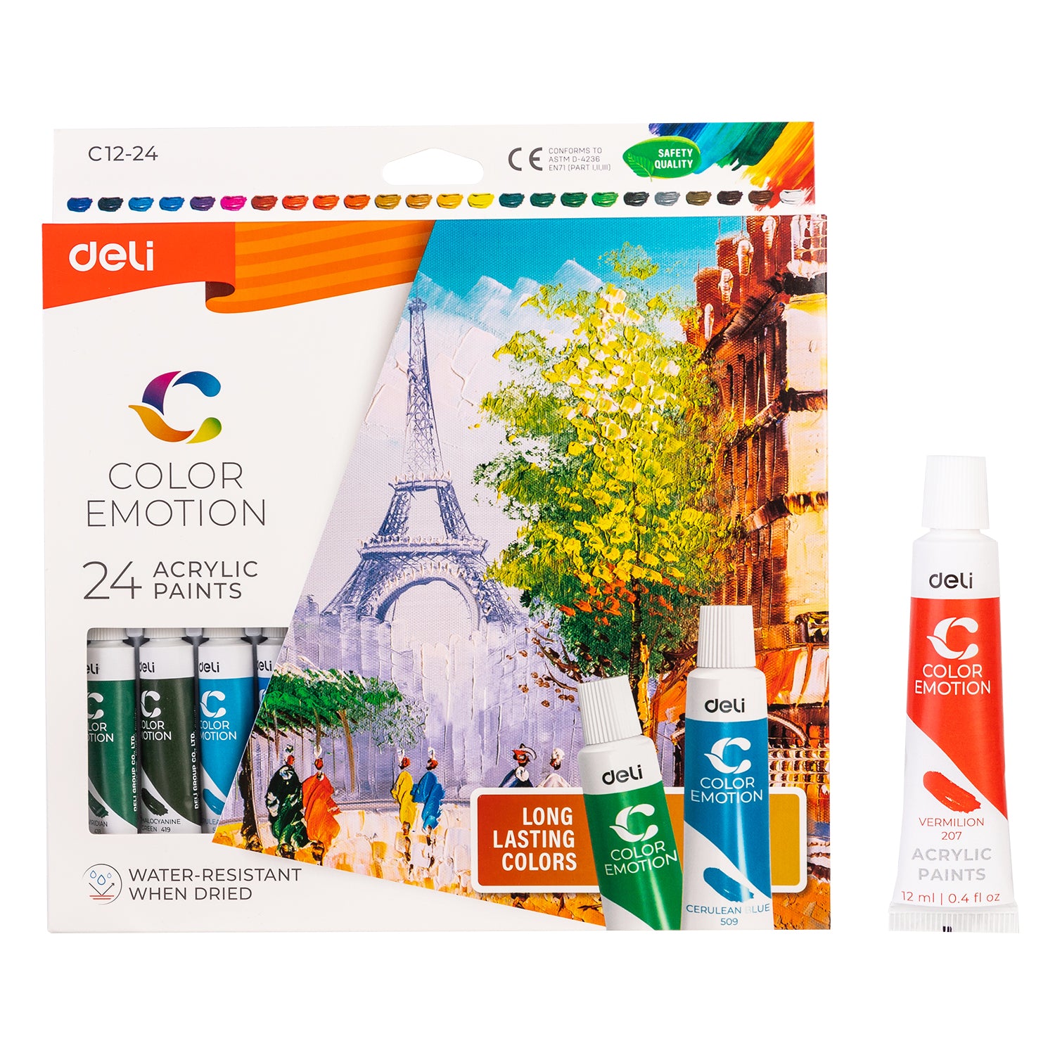 Set complet 24 tuburi culori acrilice Deli de 12 ml paleta extinsa de culori intense pentru pictura si hobby pe diverse suprafete