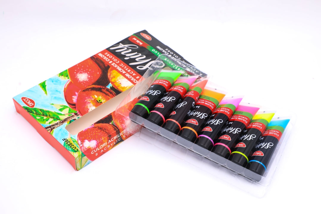 Set 8 culori acrilice fluorescente DACO neon la tub de 36ml pentru pictura pe panza lemn si proiecte creative moderne