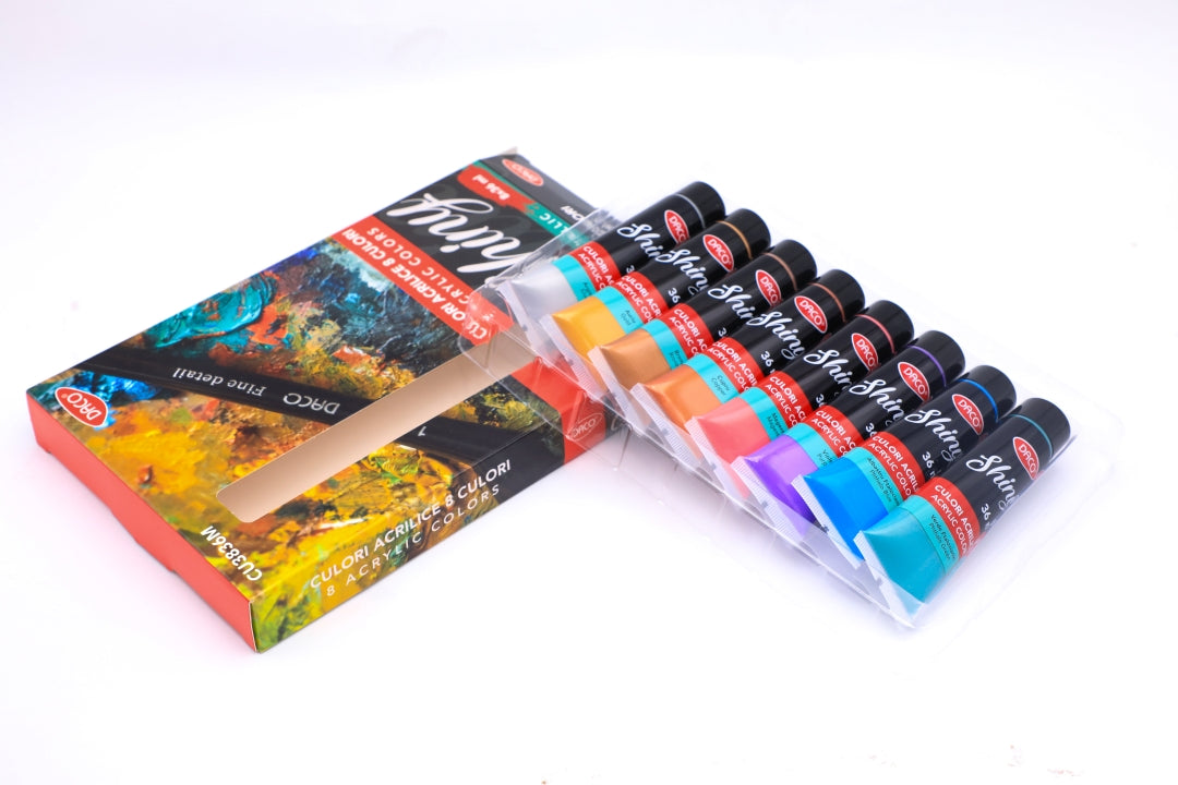 Set 8 culori acrilice metalizate DACO la tub de 36ml cu auriu argintiu si culori perlate pentru decoratiuni si pictura pe lemn sau panza