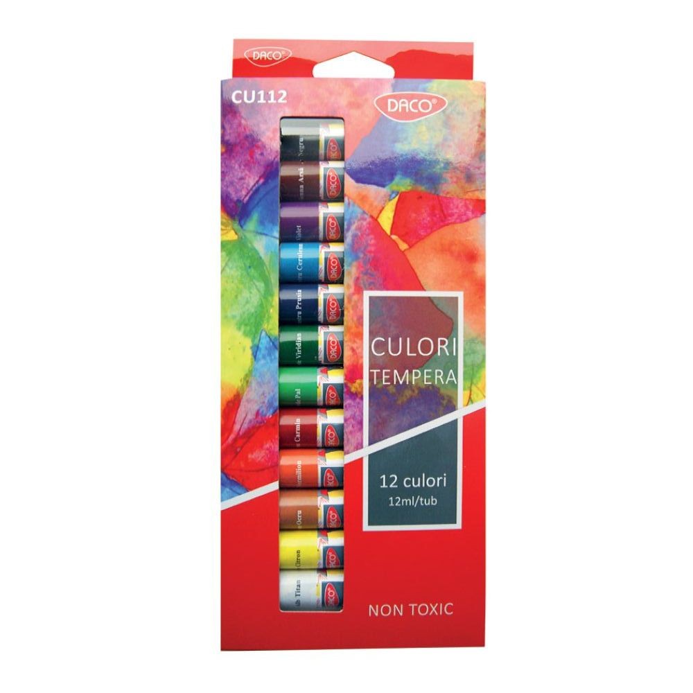 Set 12 culori tempera la tub de 12 ml pigmenți intenși și putere mare de acoperire pentru pictură pe hârtie și carton elevi