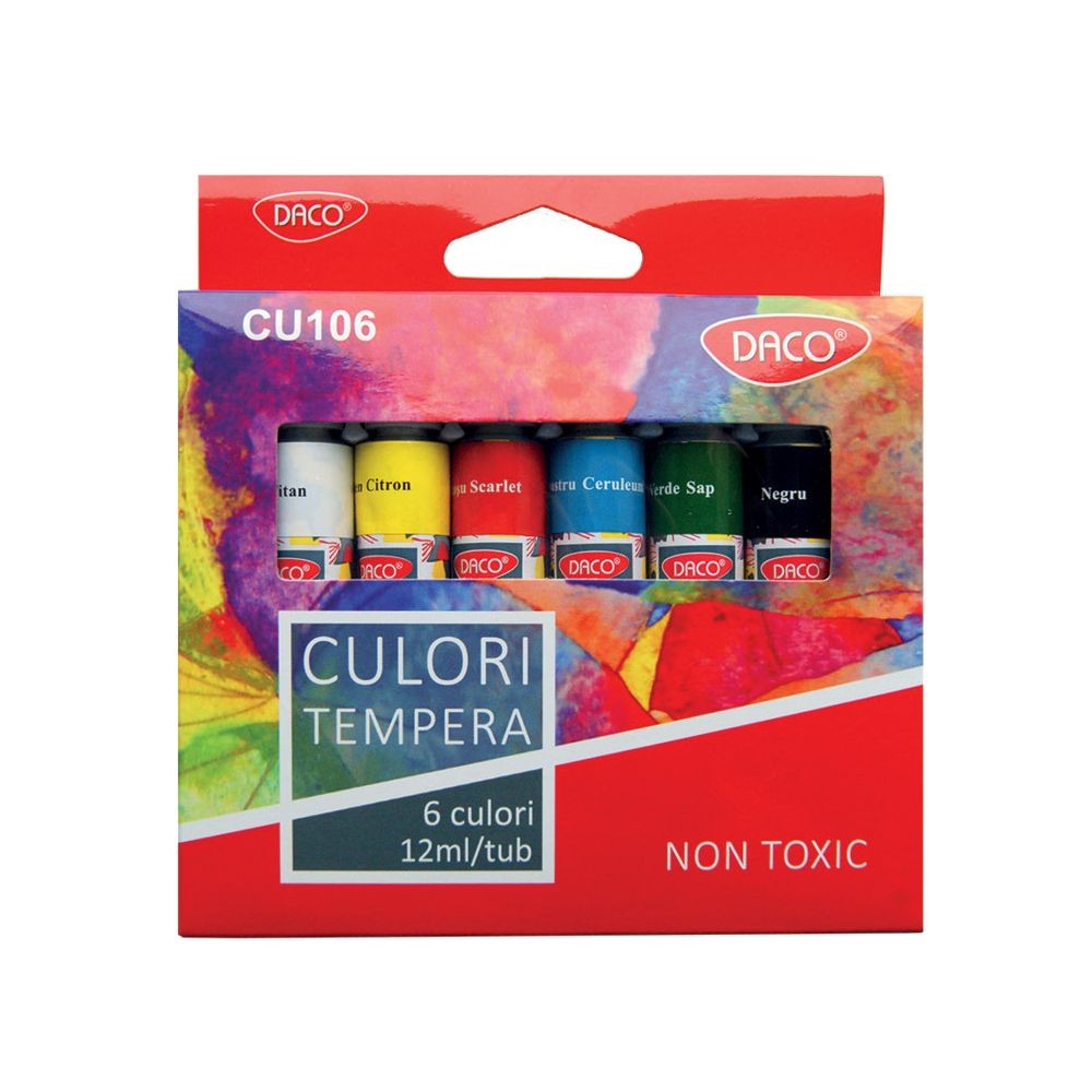 Set 6 culori tempera DACO la tub de 12 ml nuanțe de bază lavabile pentru pictură școală și activități creative copii