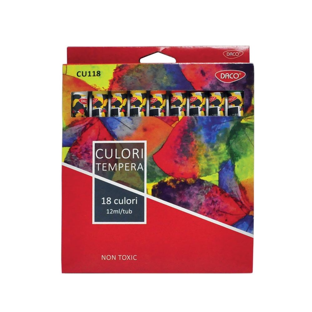 Set extins 18 culori tempera DACO la tub de 12 ml paleta completa de culori pentru pictura elevi artisti si hobby