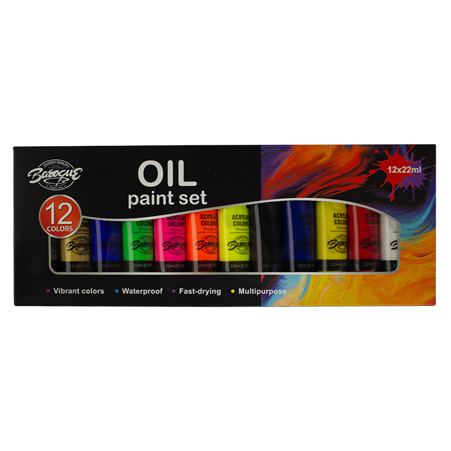 Set de 12 tuburi culori in ulei de 22 ml pentru pictura pe panza cu pigmenti intensi si rezistenti